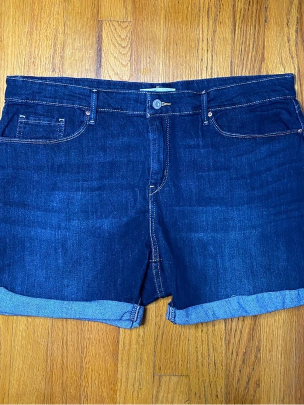 Levi's Dark Blue Denim Rolled Hem Shorts, Mid Rise